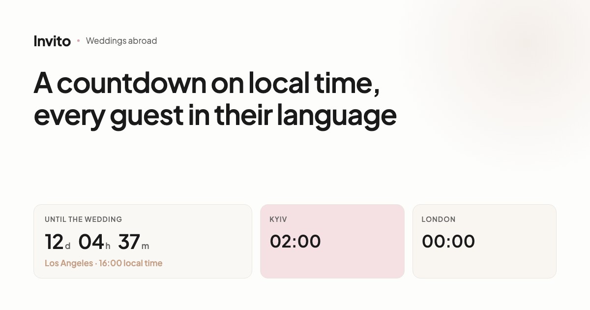 A wedding invitation with a countdown on local time and versions in several languages