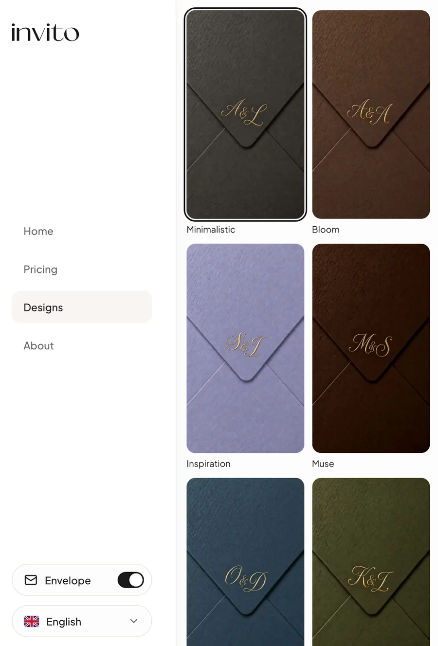 The designs page with the «Envelope» toggle on: a grid of designs, each in an envelope of its own colour with initials
